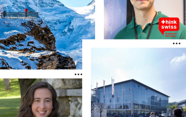 headshot of two students mountains and a building